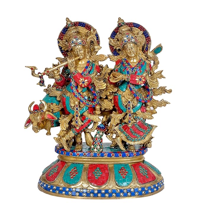 Brass Krishna Radha Cow Statue - Divine Hindu Deity Sculpture for Home Decor and Worship | 18 inch Height