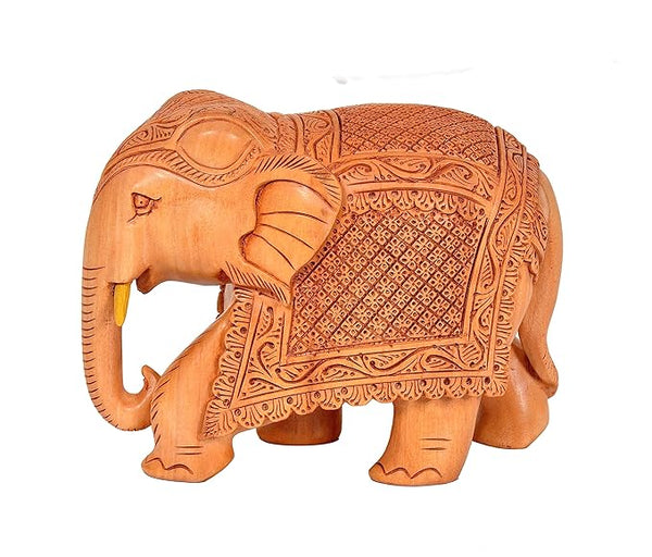 Elephant Wooden Statue in Trunk Down Pose for Home Decor | Height : 4 inches (Medium, 1) Mandir Setting