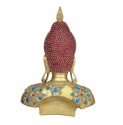 Resin Buddha bust sculpture, back view with red beaded crown and gold jewel-studded details