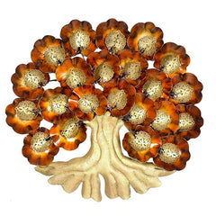 Iron tree wall decor with warm LED lights and ornate flower-like leaves, golden trunk