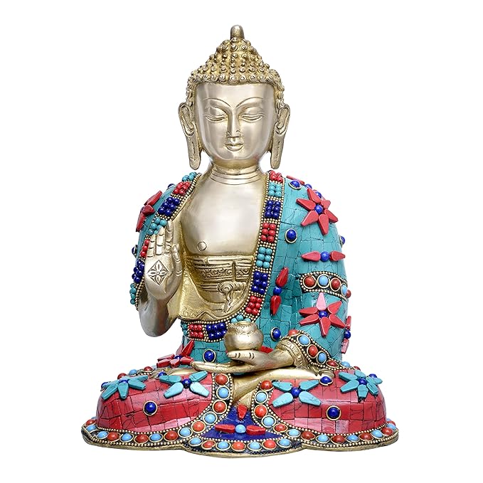Brass Buddha Floral Stone Work Multicolour Home Decor Height : 9.8 Inches