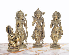 Superfine Messing Ram Darbar Murti, Vorderansicht mit drei Standfiguren und Ornamenten