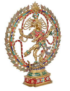 Brass Natraj idol of Lord Shiva, multicolor ornaments and arch, three-quarter view