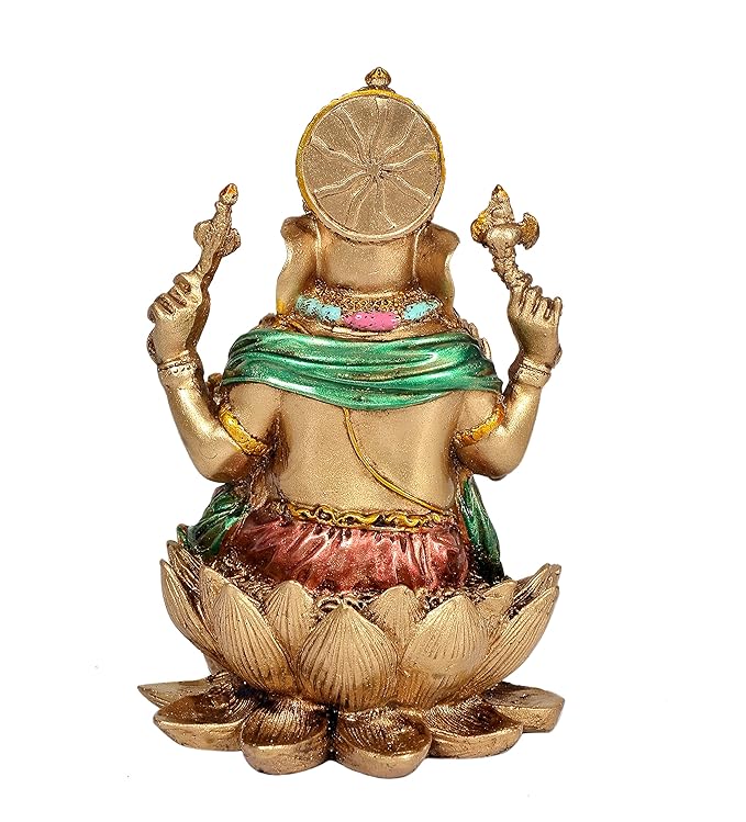 Cold Cast Handcrafted Lord Ganesha Ganesh Murti Sitting On Lotus in Resin, Height : 7 inch, Multicolor