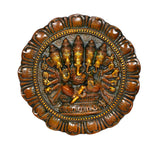 Brass Panchmukhi Ganesha wall hanging, front view of four-faced golden deity relief