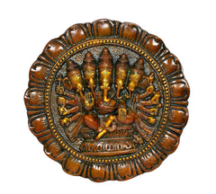 Brass Panchmukhi Ganesha wall hanging, front view of four-faced golden deity relief