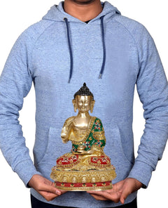 Gold brass meditating Buddha statue held in hands, green robe with red floral inlay