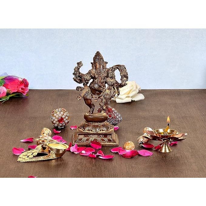 Brass dancing Ganesha with Lakshmi idol, 6.1 inch standing on decorated base