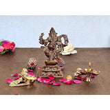 Brass dancing Ganesha with Lakshmi idol, 6.1 inch standing on decorated base