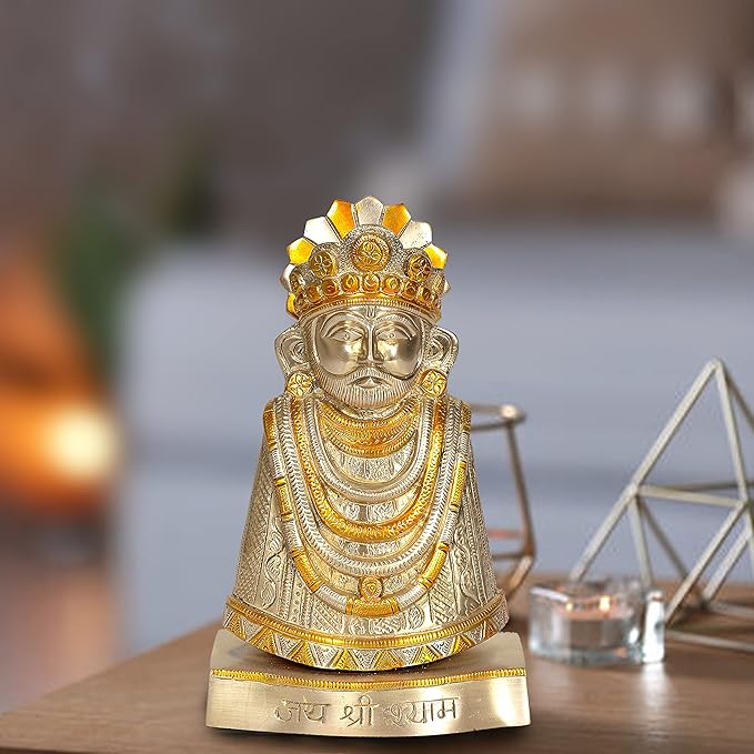Brass Lord Khatushyam Bhagwan Idol Figurine Sculpture for Home Office Temple Decorative Gift Item Multicolour Height 9 Inches Craft Detail