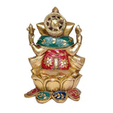 Brass Ganesha statue back view, ornate crown, teal-and-red draped chest details