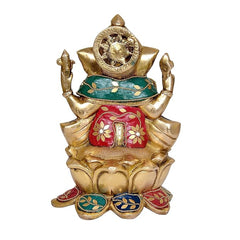Brass Ganesha statue back view, ornate crown, teal-and-red draped chest details