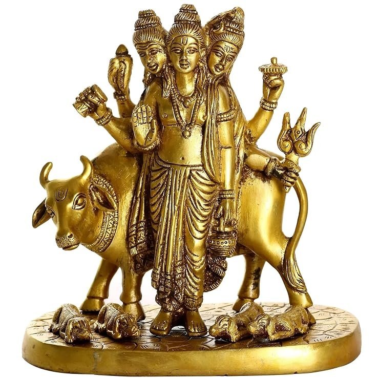 Brass Statue Brass Hindu Idol Trimurti Brahma Vishnu Mahesh Figurine : 8 inches