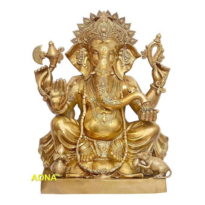 Large sitting Lord Ganesha brass statue, ornate crown and four arms, height 31 in.