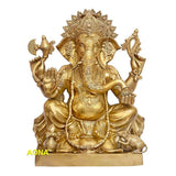Large sitting Lord Ganesha brass statue, ornate crown and four arms, height 31 in.