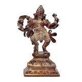 Brass dancing Ganesha statue with Lakshmi idol, side view with detailed arms