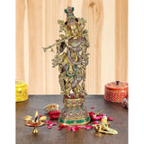 Brass Krishna statue playing flute, ornate multicolor details, standing figure 29 in