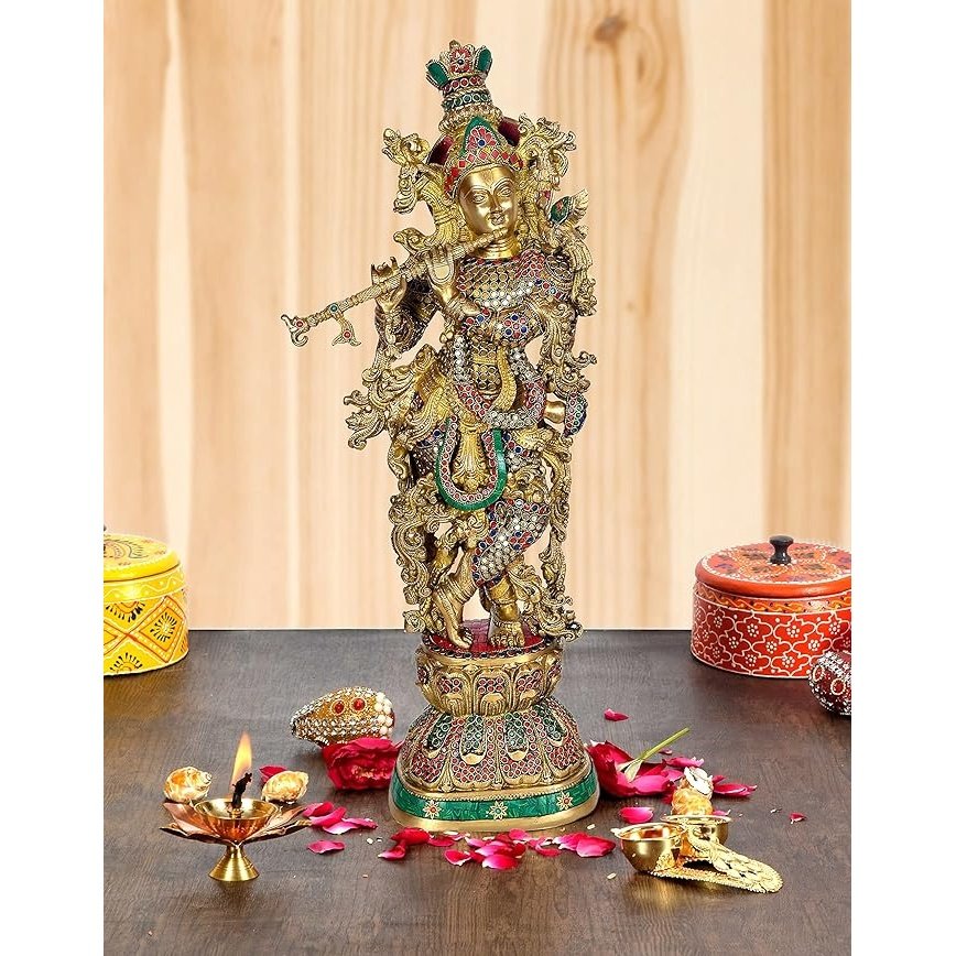 Brass Krishna statue playing flute, ornate multicolor details, standing figure 29 in