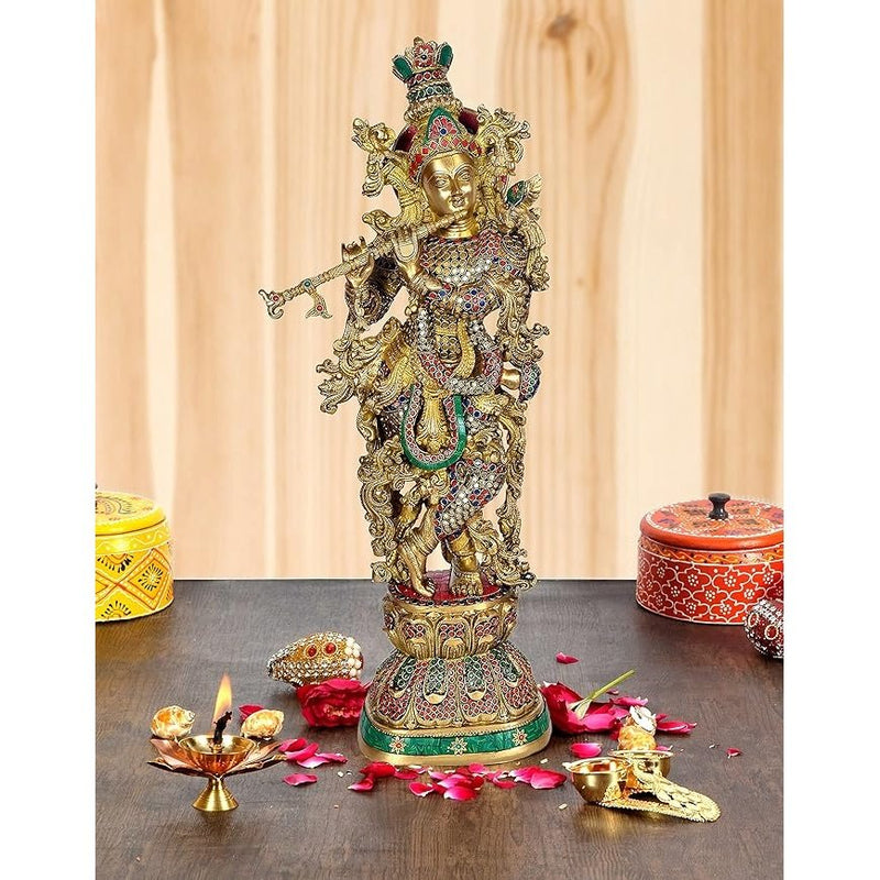 Brass Large Standing Krishna Statue with Inlay Work Idol Krishna Statue with Flute Height 30 Inch