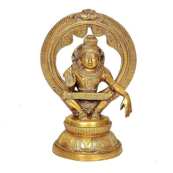 Seated Lord Ayyappan Brass Statue Carved Frame with Kirtimukha Gold Height 12 Inches Entryway Setting