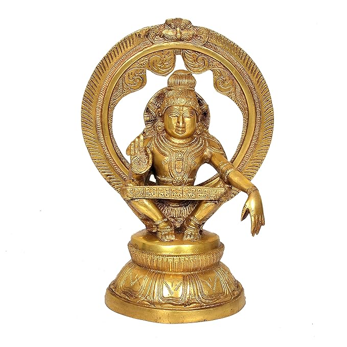 Seated Lord Ayyappan Fine Brass Statue Carved Frame with Kirtimukha Gold Height 12 Inches