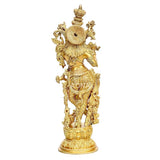Brass Krishna statue with halo disc, ornate jewelry and engraved base (14 in)