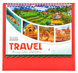 2026 travel desk calendar cover with Indian landmark photos and elephant art, red base