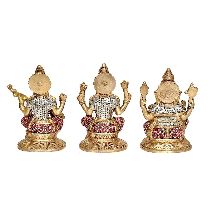 Brass Saraswati Lakshmi and Ganesha Idol Murti Statue for Diwali Puja, Height: 6.5 Inches