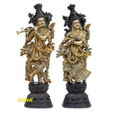 Brass Radha Krishna statue, standing couple on dark decorative base
