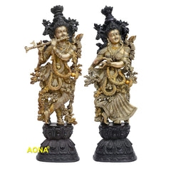 Brass Radha Krishna statue, standing couple on dark decorative base