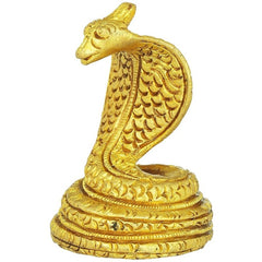 Gold brass snake figurine for Shiva Lingam, side view, coiled body with scales