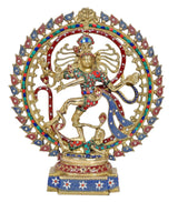 Brass Natraj idol with jeweled arch and dancing figure, front view