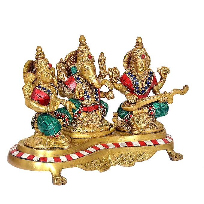 Brass Lakshmi Ganesh Saraswati Statue (Height: 6.5 inches)