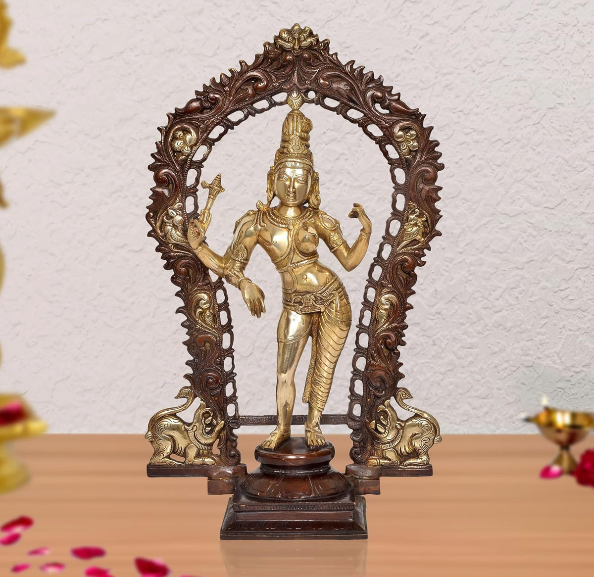 Brass Ardhanrishvara murti statue with arched ornate backdrop and standing divine figure