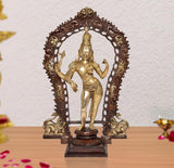 Brass Ardhanrishvara murti statue with arched ornate backdrop and standing divine figure