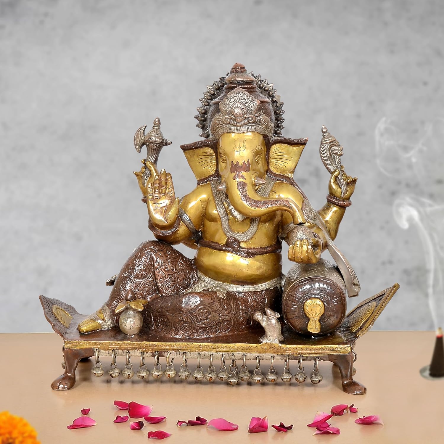 Brass Handcrafted Ganesha Seated on Chowki Idol (Height 16 Inch)