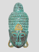 Front view of teal Buddha mask wall hanging with gold halo, closed eyes, and calm smile