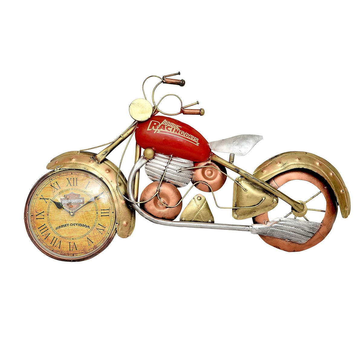 Iron bike wall clock, red frame and gold wheels, Roman numeral clock face