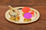 Decorated gold Holi plate with matki and two bowls, 6-inch width, gulal colors