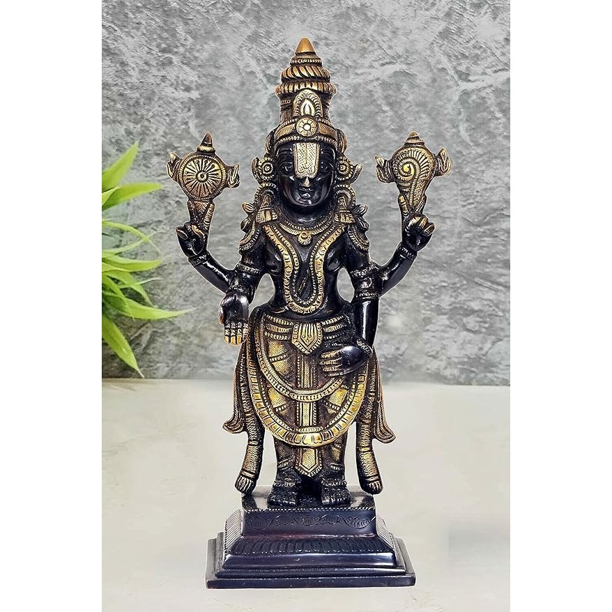 Brass Tirupati Balaji statue idol with dark blue body and gold accents, arms raised