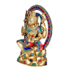 Brass Shiva and Ganesha sitting on lap statue, blue teal red patterned jewelry