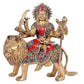 Brass Mother Goddess Durga Sitting On Lion Inlay Work Religious Statue Height 10 Inches