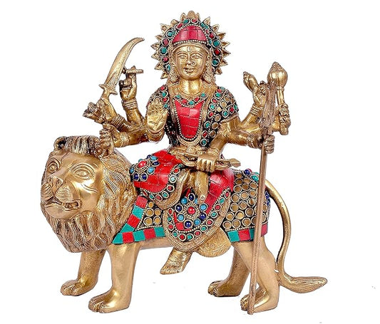 Brass Mother Goddess Durga Sitting On Lion Inlay Work Religious Statue Height 10 Inches