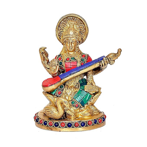 Maa Saraswati Idol Statue Sculpture Hindu Goddess of Knowledge Multicolor in Brass (Height 12.7 cm)