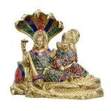 Brass Vishnu-Lakshmi idol on SheshNaag coils, colorful gem-inlay details, height 6.4 in