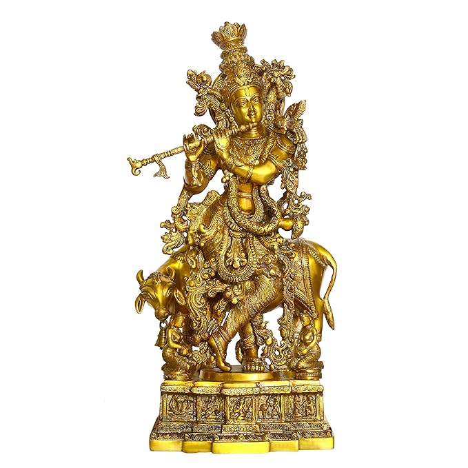 Brass Murli Krishna with a Cow (Height 28 Inch) (Gold)