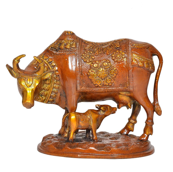 Brass Kamdhenu Cow with Calf for Home Decor Pooja Mandir Temple Office Decorative Showpiece Statue (Height: 6.5 Inch)