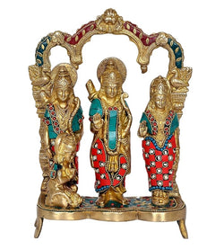 Ram Darbar brass statue: standing figures with teal and red patterned garments