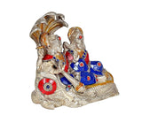 Brass Vishnu Lakshmi on SheshNaag idol, side view with crown details and blue-red attire