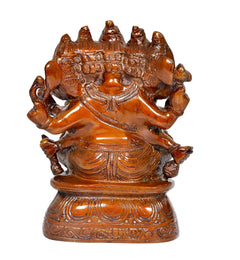 Brass Panchmukhi Ganesha idol rear view, four heads over seated figure, 8 inch
